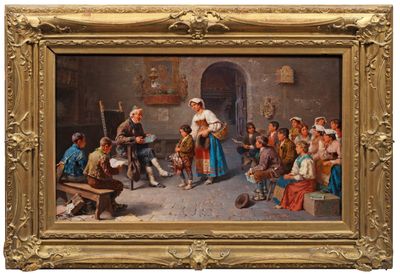une image d'un tableau représentant un groupe de personnes dans une pièce