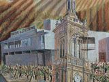 painting of a painting of a clock tower in a rural setting