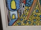 a picture of a painting of a city with a surfboard