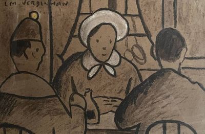 dessin représentant un groupe de personnes assises autour d'une table en train de manger