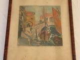 framed picture of a painting of a boat on a river