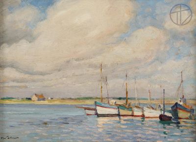 un tableau représentant des bateaux sur l'eau, avec le ciel en arrière-plan