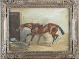 painting of a horse in a stable with a dog in the background