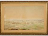 an oil painting of a view of the ocean with a boat in the distance