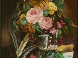 painting of a still life of flowers and fruit on a table