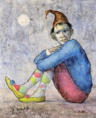 tableau représentant un clown assis par terre à côté d'une banane