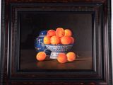 a painting of a bowl of apricots on a table