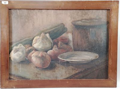 painting of a still life of onions, garlic, and other vegetables