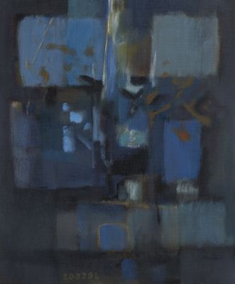 an image of a painting of a blue building with a clock on it