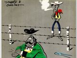 illustration of a cartoon of a man in a green coat and a man in a red hat with a gun in his hand