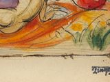 a drawing of a woman laying on a bed with an apple in her hand