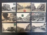 several old black and white photos of a street and buildings