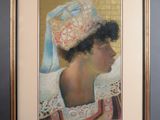 painting of a woman wearing a hat with a blue ribbon