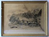 an old picture of a mountain scene with a house in the foreground