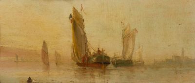 un tableau représentant un bateau sur l'eau, avec une ville en arrière-plan