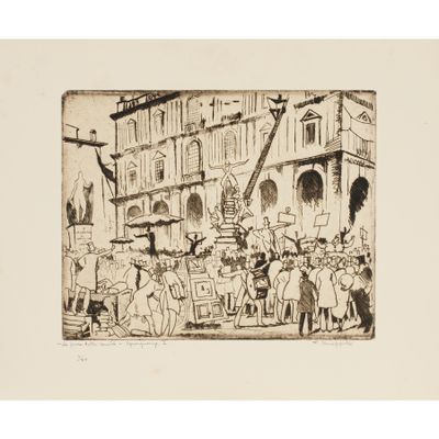 un dessin en noir et blanc représentant une scène de rue avec une foule de gens