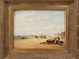 an oil painting of a beach scene with boats and people on the shore