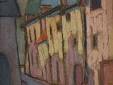 painting of a street scene with buildings and a clock tower in the distance