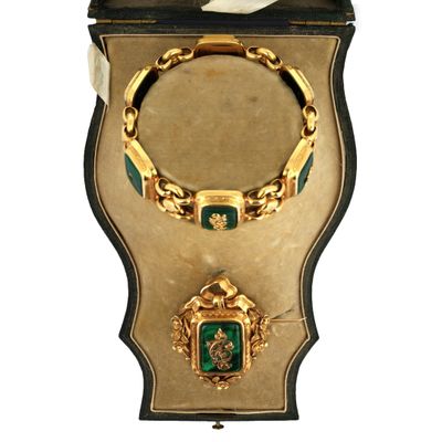 an image of a gold and green necklace and bracelet in a box