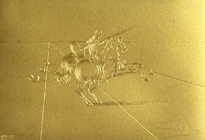 un dessin représentant un homme à cheval sur un mur