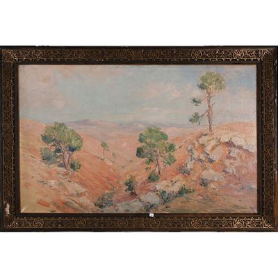 un tableau représentant un paysage désertique avec des arbres et des rochers