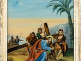 an oil painting of jesus carrying the cross with other people