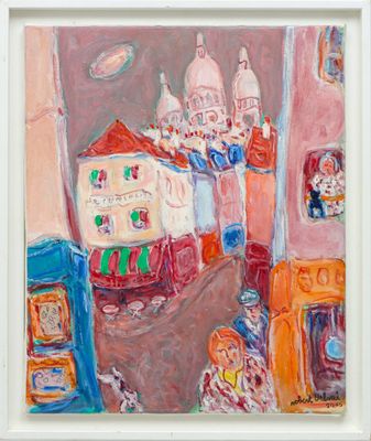 an image of a painting of a street scene with a church in the background