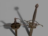two swords that are standing next to each other