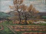 an oil painting of a farm scene with a large tree in the middle of the field