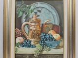 painting of a still life with a pitcher, grapes, peaches, and a plate