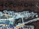 graffiti on a wall with a picture of a man holding a baseball bat
