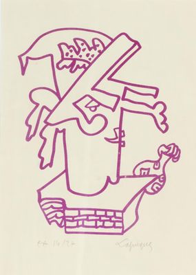 dessin à l'encre violette représentant un homme avec une épée et un oiseau