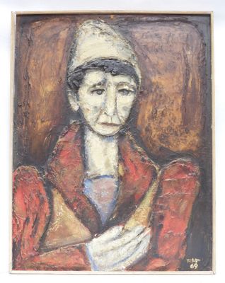 an image of a painting of a woman in a red coat and hat