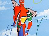 a painting of a man flying a kite in the sky