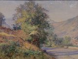 tableau représentant une route de campagne avec des arbres et des collines en arrière-plan