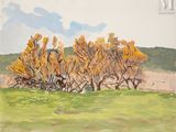 a painting of a field with trees in the background