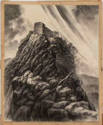 un vieux dessin représentant une montagne avec des rochers et des arbres