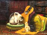 a painting of a cat sitting on a chair next to a guitar