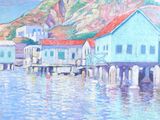 une peinture à l'huile représentant une scène de port avec des bateaux et des maisons
