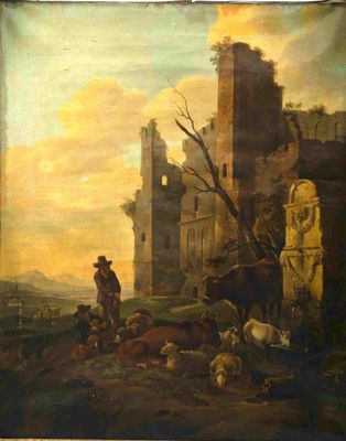 painting of a painting of a man and animals in front of a castle