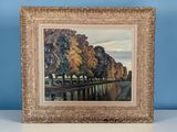 une peinture à l'huile représentant un paysage fluvial avec un pont et des arbres