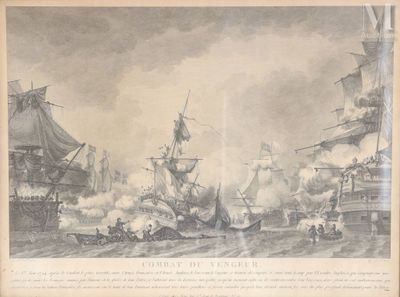 une vieille gravure représentant une bataille navale avec des navires sur l'eau