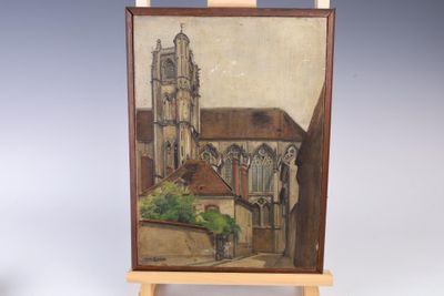 peinture sur chevalet représentant un bâtiment avec une tour horloge en arrière-plan