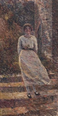 tableau représentant une femme en robe blanche assise sur un mur de pierre