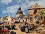 un tableau représentant un groupe de personnes assises devant un bâtiment