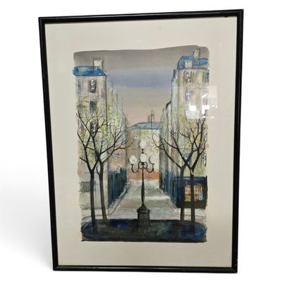 painting of a street scene with a lamp post and trees