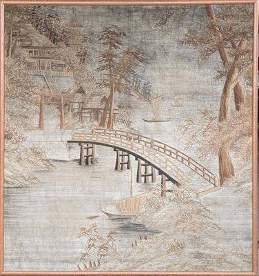 painting of a bridge over a body of water with a boat on it