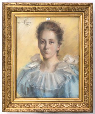 a painting of a woman in a blue dress with a gold frame