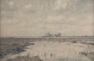 peinture représentant un paysage avec un plan d'eau au premier plan et des arbres au loin