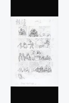 un dessin en noir et blanc représentant un groupe de personnes dans une pièce